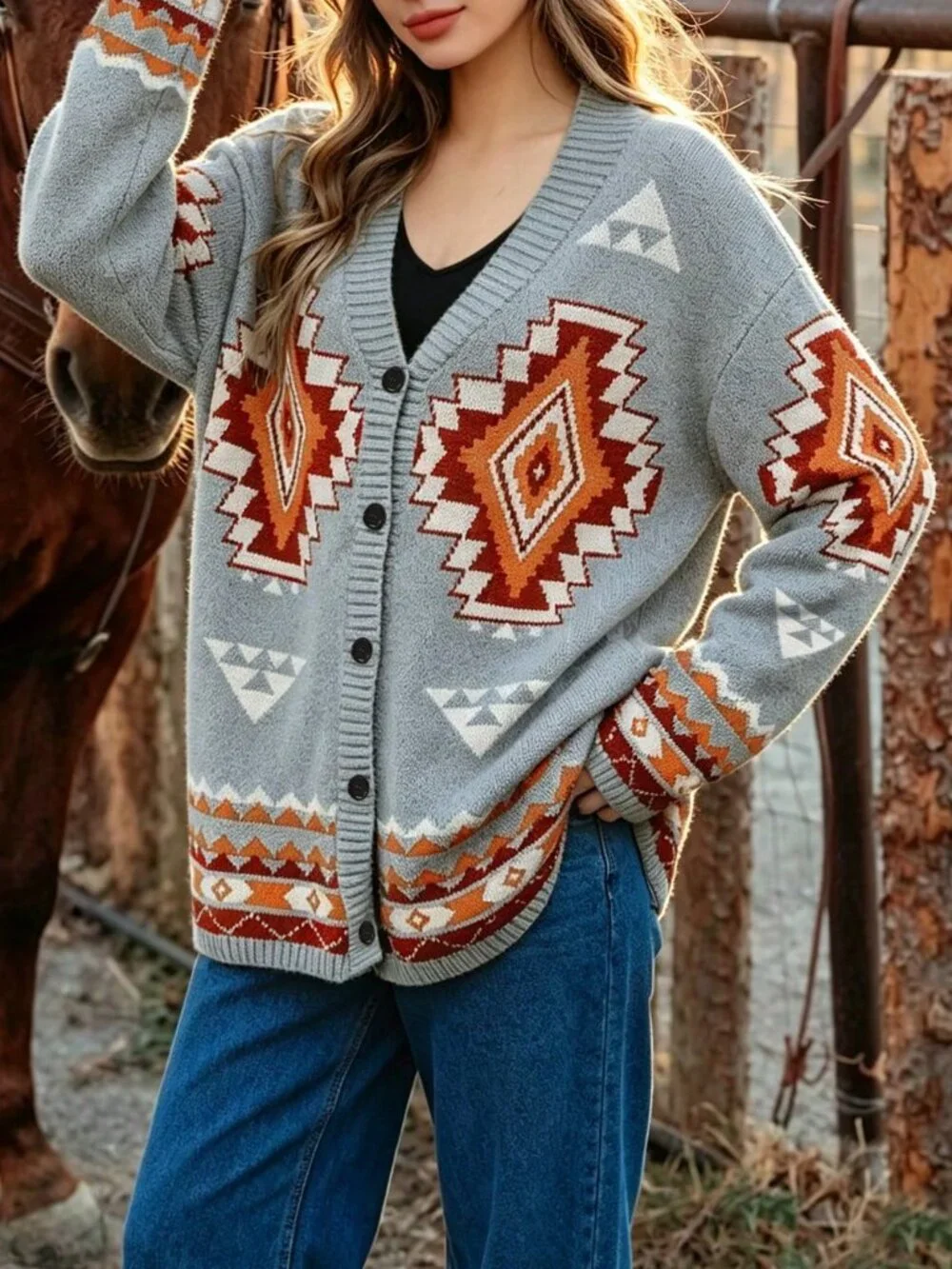 Light Grey Casual Women's Geometric Drop Shoulder Loose V-Neck Long Cardigan